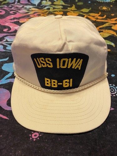 Vtg. USS IOWA BB-61 US Navy Logo Snapback White  H