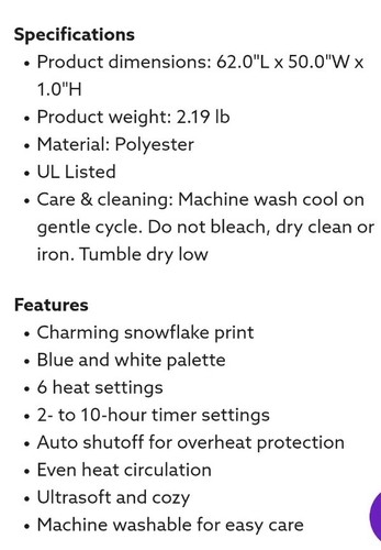 SEALY ❄️ SNOWFLAKE Heated Electric Throw Blanket 50x60 SILKY FLANNEL 6 Settings - Picture 9 of 10