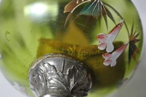 Vintage französische handbemalte grüne Glas Metall Sockel Öllampe Kamin Jugendstil - Bild 8 von 12