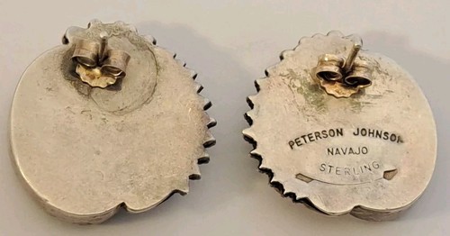 Peterson Johnson Navajo Sterling Silver Green Turquoise Feather Flower Earrings - Picture 3 of 6