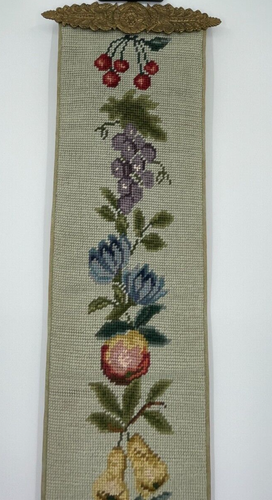 Vintage Green Fruit Themed Needlepoint Tapestry Brass Bell Pull Wall Hanging - Picture 3 of 23
