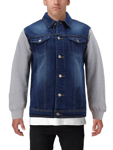 Men's Two Tone Jean And Grey Jersey with Removable Hood Denim Trucker Jacket - Picture 9 of 18