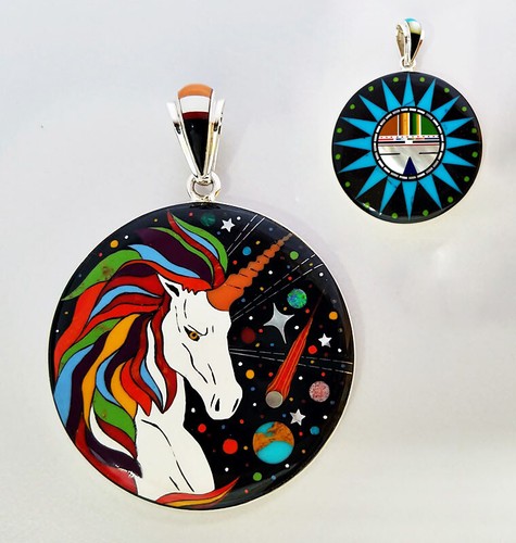 REVERSIBLE GALAXY TURQUOISE ONYX SUNGOD INLAY .925 UNICORN MEDALLION PENDANT - Picture 2 of 4
