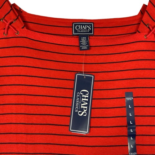NEW CHAPS Women’s Lg Knit Top Red Blue Stripes Short Sleeve Square Neck - Picture 2 of 8