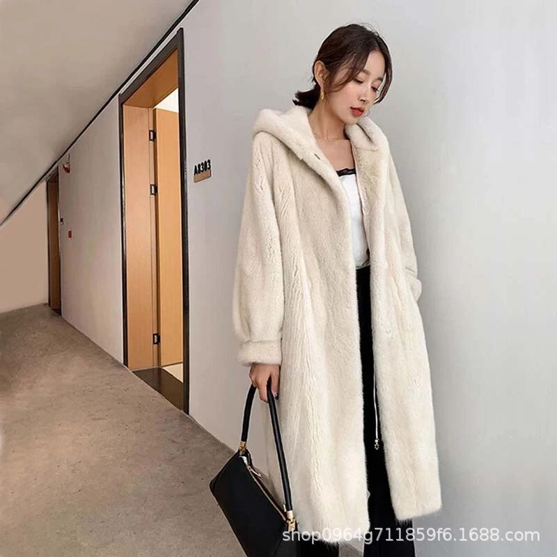 OFF WHITE Cappotto donna invernale pelliccia sintetica visone esteso spesso caldo con cappuccio cappotto pelliccia sciolta