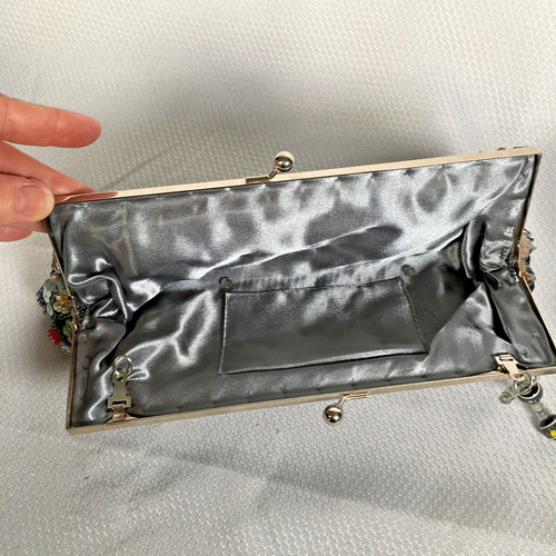 Vtg Silver Satin Multi-Colored Sequined Formal Clutch Purse Ball Snap Closure - Picture 7 of 10