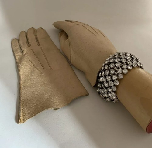 Vintage 1950s Kid Skin Dark Cream Leather Flared 9 Inch Gloves Size 6.5 - Picture 8 of 12