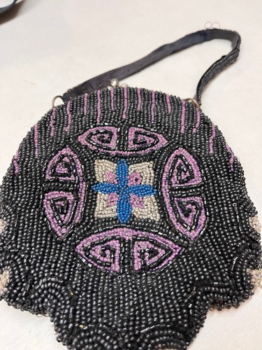 WOMEN'S VINTAGE BEADED PURPLE/BLACK PURSE POCKETBOOK RO - Picture 5 of 5