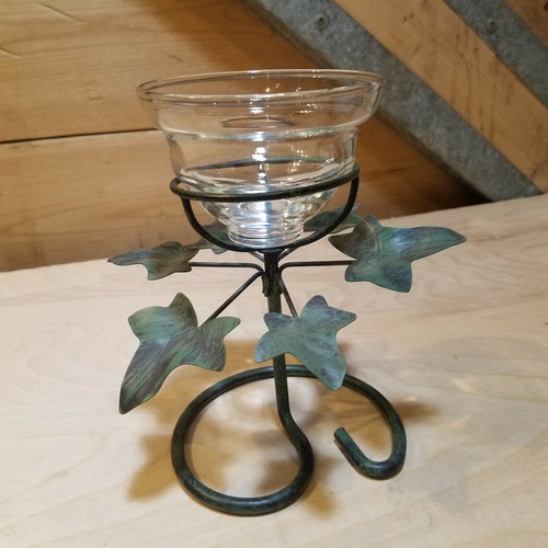 Metal Leaf Vine Candle Stand Green & Black w Clear Glass Holder Swanky Barn - Picture 8 of 12