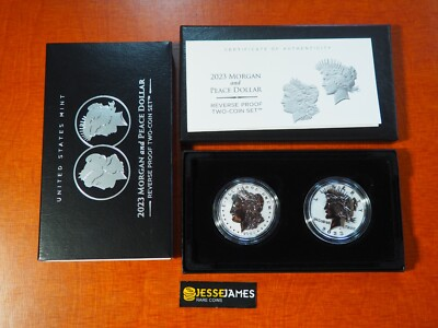 #ad 2023 $1 S REVERSE PROOF SILVER PEACE amp; MORGAN DOLLAR WITH BOX COA 2 COIN SET $199.00
