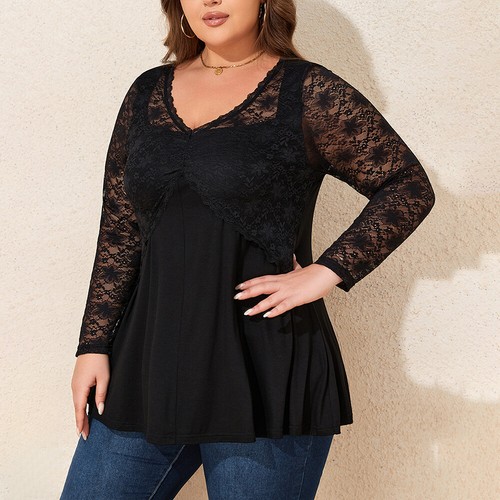 Plus Size Womens Lace V Neck Tunic Tops Ladies Long Sleeve Ruffle T-Shirt Blouse - Picture 18 of 24