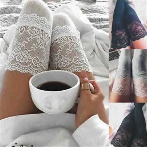 Over Thigh Socks Lace High Womens Trim Knee Sexy Long Cotton Stocking - Picture 9 of 23