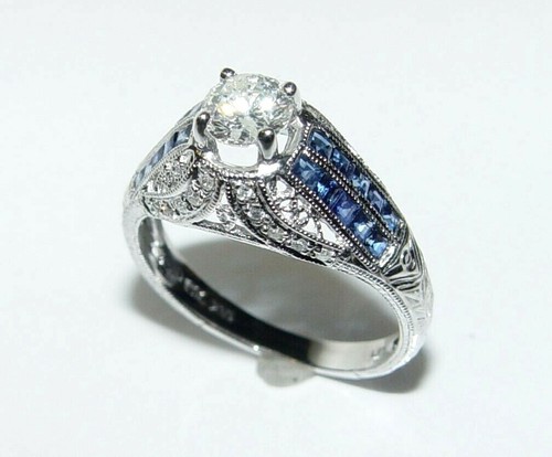 Natural 0.57CT Diamond & Blue Sapphire filigree engagement ring 18K S-7 - Picture 10 of 18