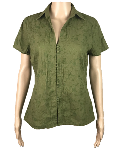 KATIES Blouse Top Short Sleeve Asian Inspired Button-Up Floral Green Size 10
