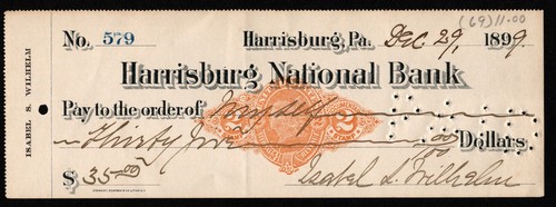 US # RN-X7 Harrisburg PA Bank Check Dec 29 1899 Revenue to Myself Isabel Wilhelm - Picture 1 of 2
