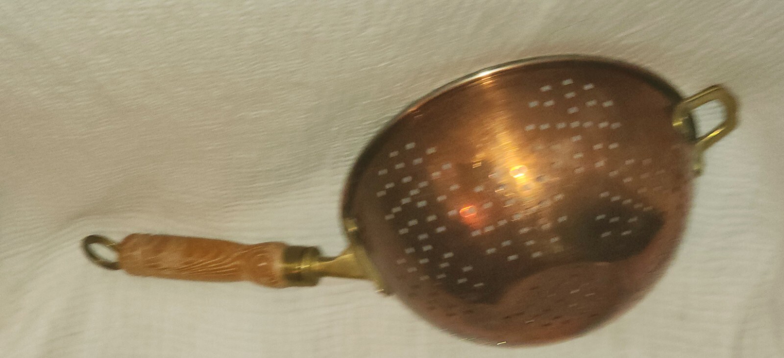 VINTAGE COPPER STRAINER COLANDER SOFTER WITH BRASS & WOOD HANDLE