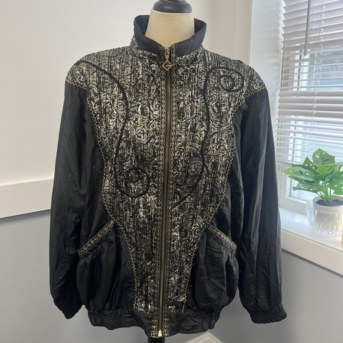 Vintage Galleria Damen Windbreaker Jacke XL 80er 90er Schwarz Gold Nylon Retro - Bild 5 von 17