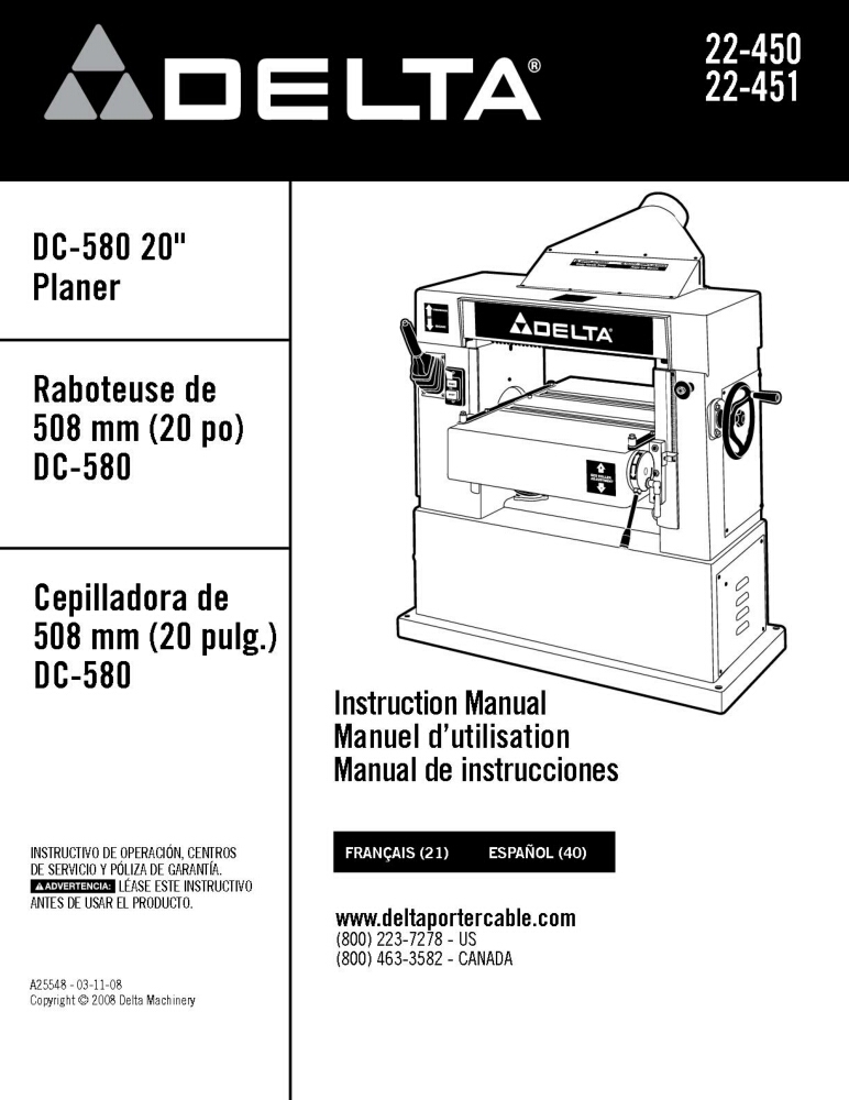 Delta 22450 22451 DC580 20" Planer Instruction Manual eBay