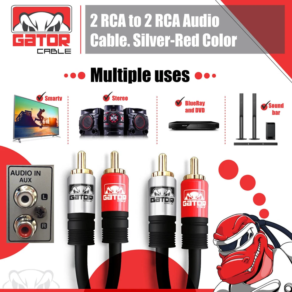 2-RCA to 2-RCA Cable Male Stereo Audio Patch Coaxial Cord L/R Gold Plated Plug - Image 2 of 4