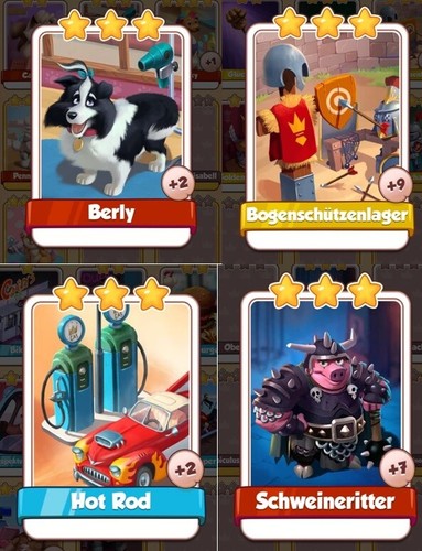 Coin Master Karten --Berly -- Hot Rod - Bogenschützenlager - Schweineritter