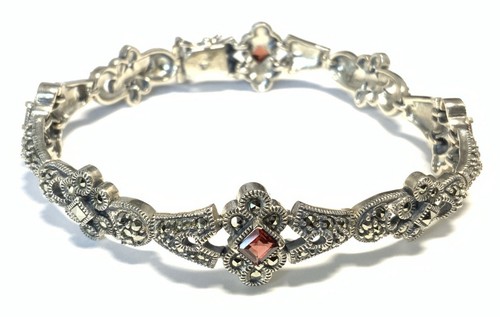 Judith Jack Sterling Silver 925 Garnet & Marcasite Tennis Bracelet 7.75" JT39
