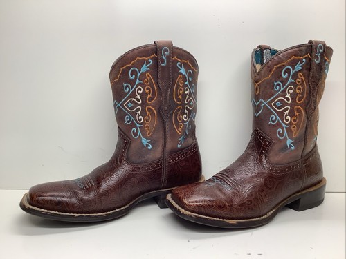 WOMENS ARIAT COWBOY SQUARE TOE FLORAL BROWN BOOTS SIZE 8 B - Picture 1 of 10