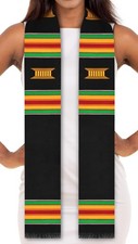 Ready to Customize Black Authentic Handwoven Kente Cloth Graduation Stole DI...