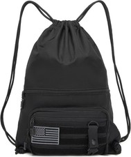 Drawstring Backpack Tactical Waterproof Zipper Pockets Sport Gym Sackpack Black