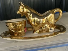Vintage Warranted 22K Gold Cow & Bucket Creamer Sugar Set #314-ADORABLE