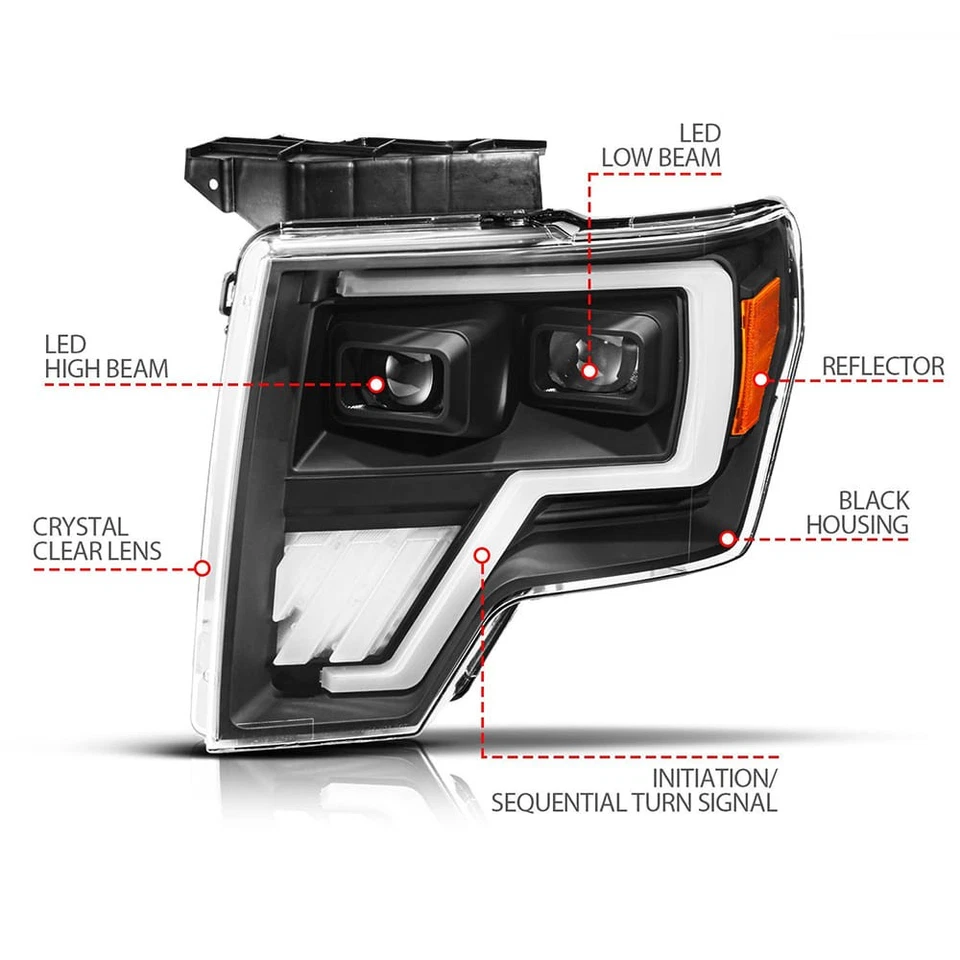 Faros proyectores LED de lente transparente negros para Ford F-150 2009-2014 con halógeno Foto 4 de 4