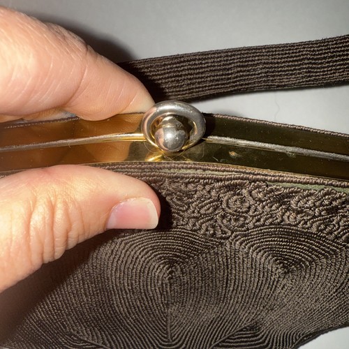 Borsa a mano vera vintage anni '40 sigillo oro cordee marrone scuro corde corde - Foto 5 di 6