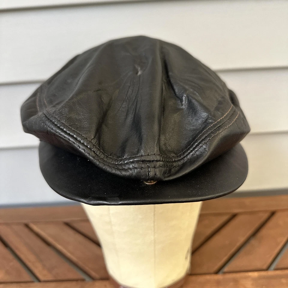 Vintage Wilsons Leather Hat Cap Fitted Mens Large Black Newsboy Ivy Made USA 90s - Image 2 of 4