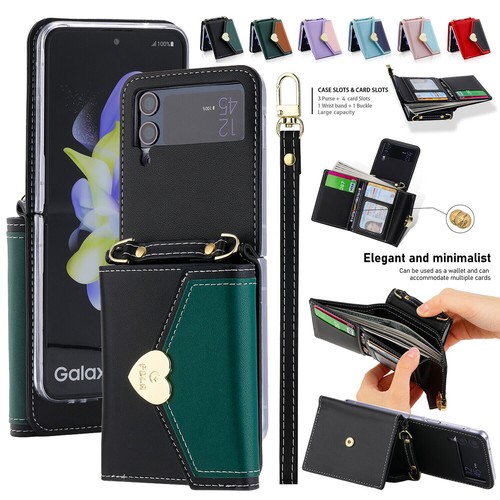 Leather Wallet Case Strap Lanyard Heart Cover For Samsung Galaxy Z Flip 5 4 3 5G - Picture 17 of 91