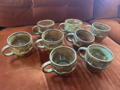 Set of  8 Vintage Frankoma Pottery Wagon Wheel Prairie Green 94C Flat Cups