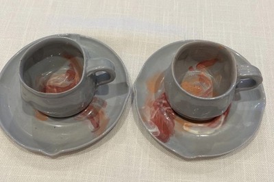 2 Handmade Pottery Cup & Saucer Set Engraved Handle 