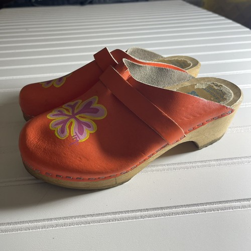 Tessa Clog Women’s orange Leather Sz 5-5.5 Sweeden Floral Painted Mule Sz 36 - Picture 7 of 15