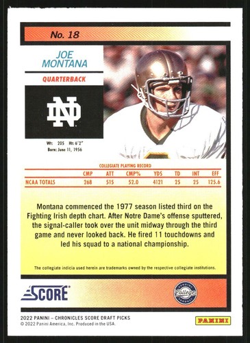2022 Panini Chronicles Draft Picks Score Retro #18 Joe Montana - Picture 2 of 2