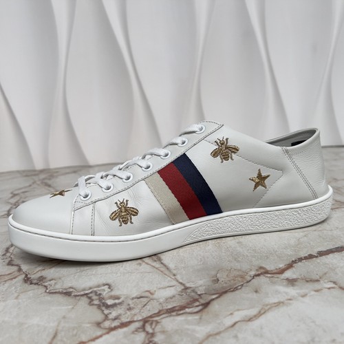 Zapatillas Gucci ACE Web Sylvie Estrellas Abejas Bordadas Cuero Blanco 11 EE. UU. 41 UE - Imagen 6 de 12