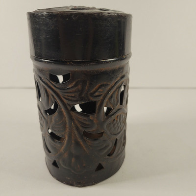 Cool Metal Incense Burner Trinket Box Floral Leaf Pattern Bronze Lidded 5'' India