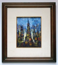 Vintage Modernist Brutalist Mid-Century Abstract Cityscape Oil Painting Signed