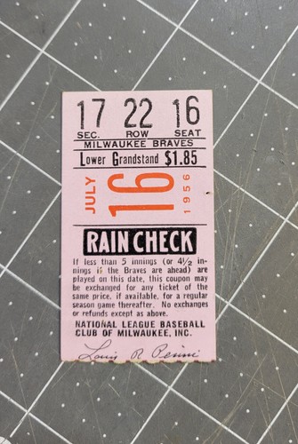 Milwaukee Braves Baseball 16.07.1956 Hank Aaron Triple 17 22 16 Ticket Stub - Bild 1 von 2