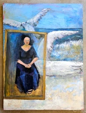 Old Woman Portrait Seaside Bird Waves Original Abstract Expressionist Painting