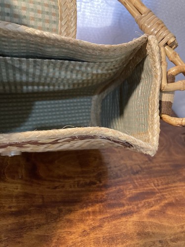 Vintage Straw Purse Wood Handle Light Green Lined Print - Picture 20 of 23