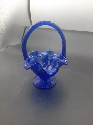 Fenton Glass Company Cobalt Blue Scalloped Bride Basket with Strawberry Pattern