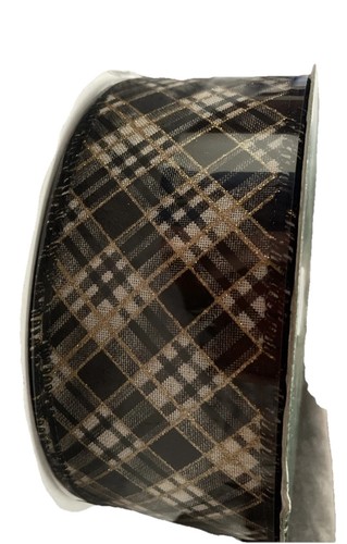 KIRKLAND WIRE EDGE RIBBON 2.5”x50 yd~ PLAID BLACK WHITE GOLD~STYLE 25A19~NO SEAM - Picture 4 of 4