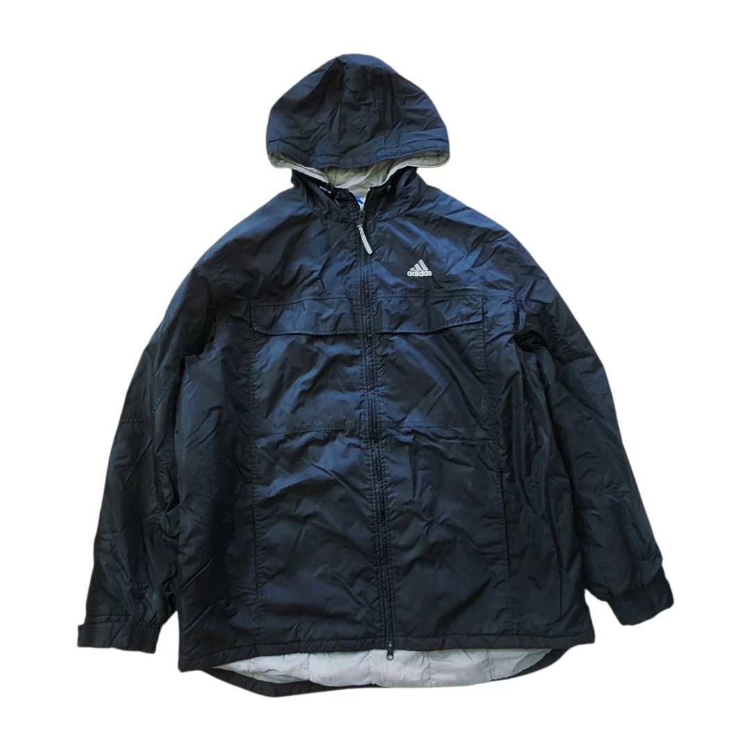 Vtg Y2K Adidas Insulated Windbreaker Jacket Black Hooded Full Zip Grunge...