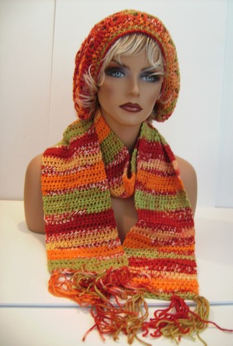 ORANGE GREEN MULTI HAT AND SCARF SET BERET CLOCHE BAGGY SLOUCHY TAM CROCHET - Picture 12 of 12