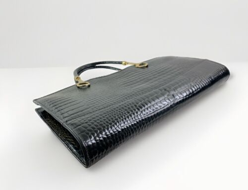 Hilmar Vintage 1960s Black Moc Croc Leather Handbag Suede Lined & Large Mirror - Picture 17 of 23