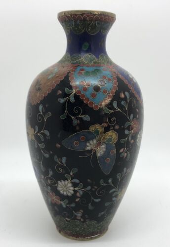 Japanese CLOISONNE Multi-Color 4-3/4" Vase w/ Butterflies & Flowers (RF-FR15) - Picture 1 of 11