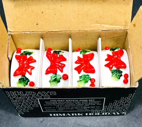 Juego de 4 servilletas navideñas de porcelana de colección Holly 2" Himark 1984 mamá abuela - Imagen 3 de 5